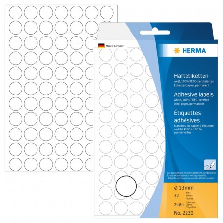 Herma 2230 - Etiquetas multiuso, diámetro 13 mm, redondo, papel mate, 2464 unidades, color blanco