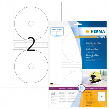 Herma 8624 - Etiquetas para CD y DVD 10 hojas, 20 unidades , blanco