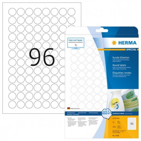 Herma 4386 - Pack de 2400 etiquetas, diámetro 20 mm, color blanco