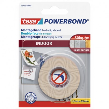 Tesa 55740-00001-00 - Cinta adhesiva extra fuerte para interiores 1,5 m x 19 mm, hasta 42 kg , color blanco [producto impor