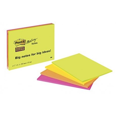 3M Post-It Super Sticky 6845-SSP - Pack 4 bloc de notas adhesivas A7, notas autoadhesivas grandes 4 x 45 hojas 20 x 14,9 cm 