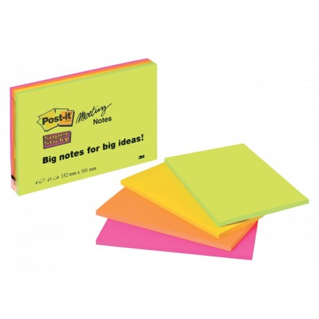 Post-It Super Sticky 6445-SSP- Pack de 4 blocs de notas adhesivas, 45 hojas/bloc, 152 x 101 mm, colores surtidos