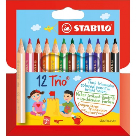 STABILO Trio thick short - Lápiz de color escolar triangular, grueso y corto - Estuche con 12 colores