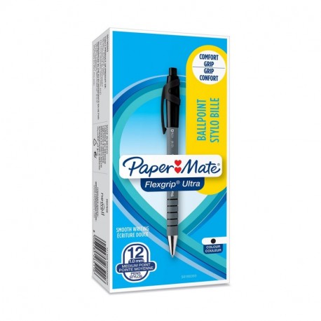 Papermate Flexgrip Ultra - Bolígrafo con punta retráctil y pinza, color negro, paquete de 12 unidades