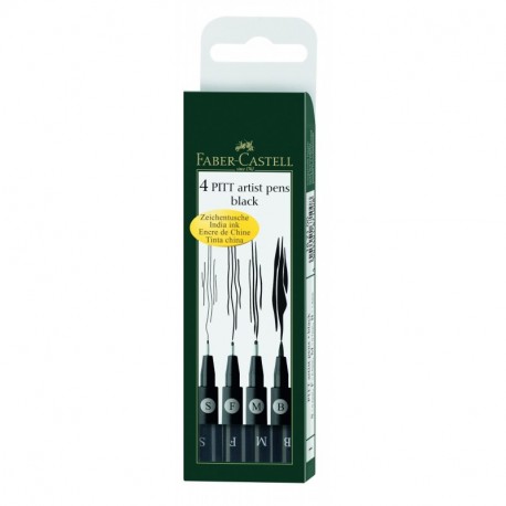 Faber-Castell 167100 - Pack de 4 rotuladores Pitt Artist Pens Black, diferentes grosores de punta S, F, M, B, color negro