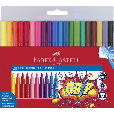 Faber-Castell 155320 - Estuche con 20 rotuladores Grip de punta fina con forma triangular