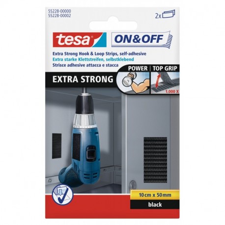 Tesa On & Off Pack de 2 Tiras Adhesivas de Velcro, 2x10cm 383591 