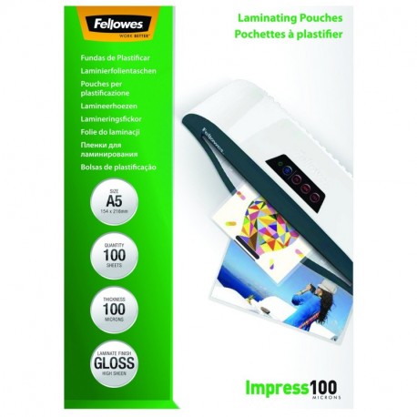 Fellowes 5351002 - Pack de 100 fundas para plastificar, A5, acabado brillo, 100 micras