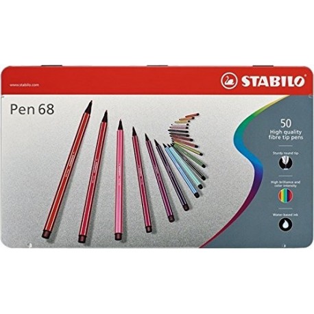 STABILO Pen 68 - Rotulador premium - Estuche de metal con 50 unidades 46 colores 