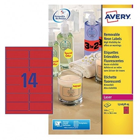 Avery España L7263R-25.Caja de 350 etiquetas rojos fluoresentes removibles en A4