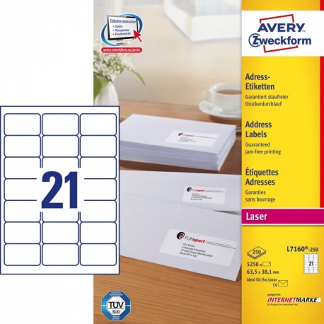 Avery L7160-250, Etiquetas de Dirección, Blanco, 63.5 x 38.1 mm