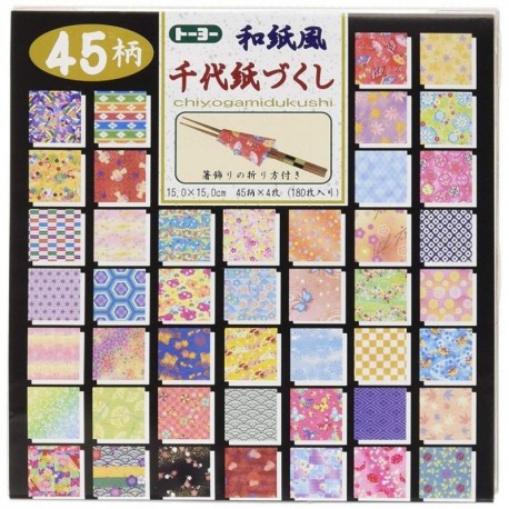 Papel Origami - Pack de Papel Origami estampado Chiyogami - 45 patrones surtidos - 4 hojas de cada patrón - 180 hojas en to