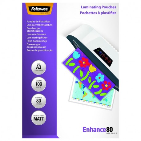 Fellowes 5452003 - Pack de 100 fundas de plastificar, formato A3, 80 micras, mate