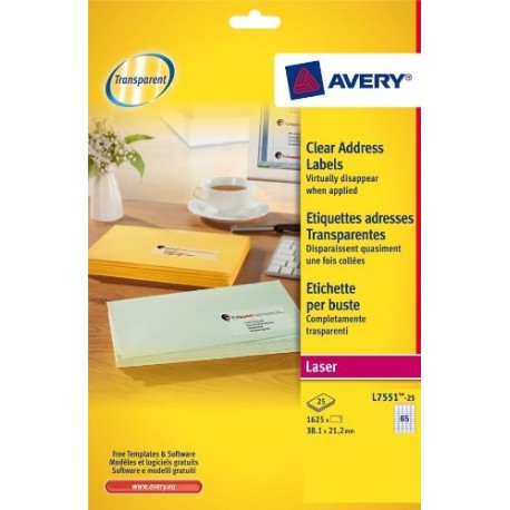 Avery-Zweckform L7551-25 - Etiqueta Transparente Láser 38 1 x 21 2 mm, Caja 65 Etiquetas