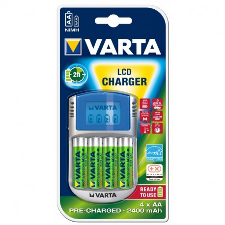 Varta LCD Charger - Cargador con cable USB y adaptador de 12 V incluye 4 pilas AA recargables de 2400 mAh, precargadas 