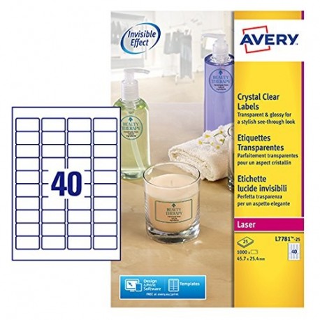 Avery L7781-25 - Pack de 25 folios de etiquetas brillantes, 45.7 x 25.4 mm , Transparentes