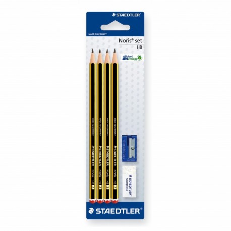 Staedtler Noris 120S1 BK4DST. Lápices de madera certificada. Blíster con 4 lapiceros, una goma de borrar y un sacapuntas.