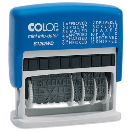 Colop S120/WD - Sello fechador con texto y tinta incorporada con 12 palabras en inglés, 43 x 4 mm, tinta azul o roja 