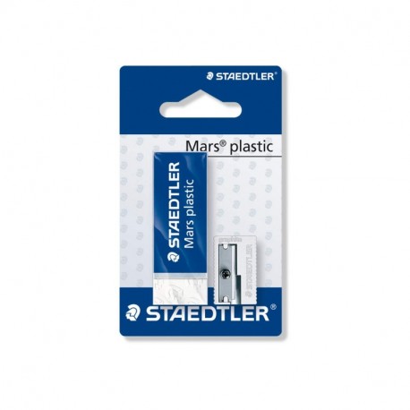 Staedtler Mars Plastic 526-S3BK2D. Blíster con una goma de borrar blanca con faja de cartón y un sacapuntas de acero.
