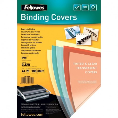 Fellowes - Portadas para encuadernado PVC, A4, 180 micras, 25 unidades , transparente lustroso