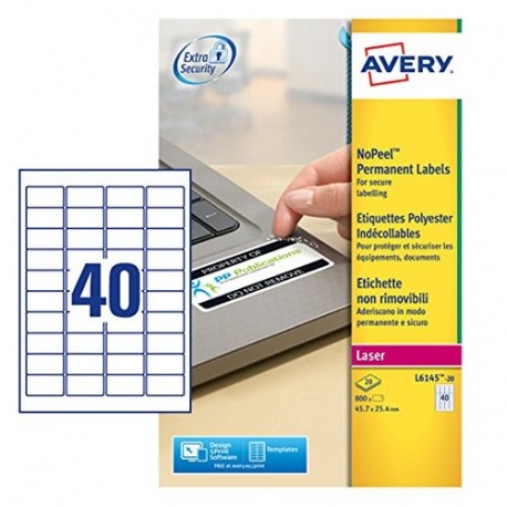 Avery España L6145-20 - Pack de 20 folios de etiquetas no despegables, 45.7 x 25.4 mm, color blanco