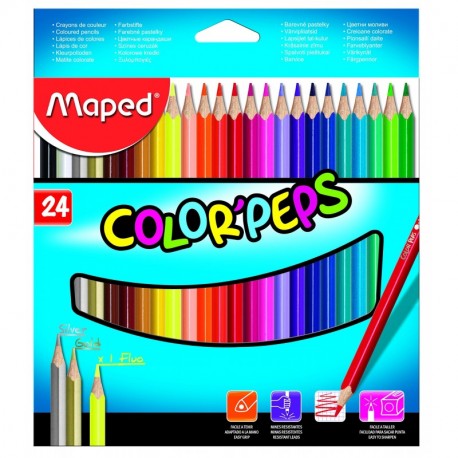 Maped - estuche de 24 lápices de colores triangulares colorpeps. mina blanda y resistente.