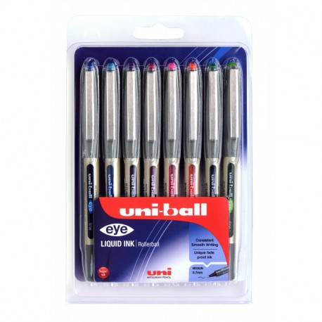 Bolígrafos UB-157 Eye Fine, varios colores, tinta Uni Super Ink, punta de 0,7 mm. Paquete de 8 unidades