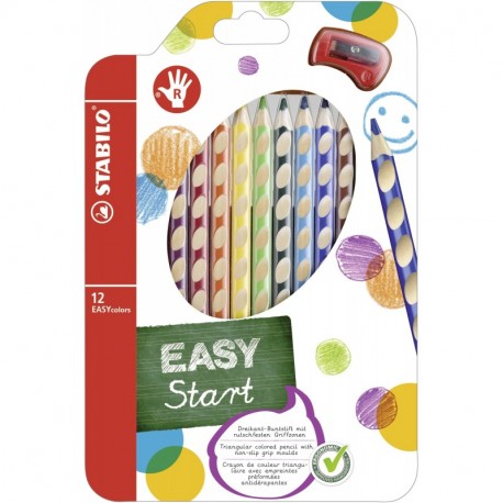 STABILO EASYcolors START - Lápiz de color ergonómico - Modelo para DIESTROS - Estuche con 12 colores y 1 sacapuntas