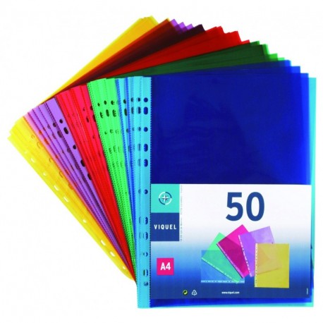 Viquel 208254 - Pack de 50 fundas perforada, de polipropileno, A4, multicolor