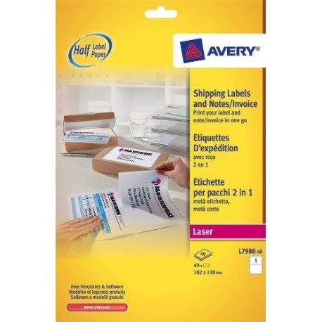 Avery 2 in 1 BlockOut Shipping Labels & Notes Color blanco 40pieza s - Etiqueta autoadhesiva Color blanco, A4, 182 mm, 130 