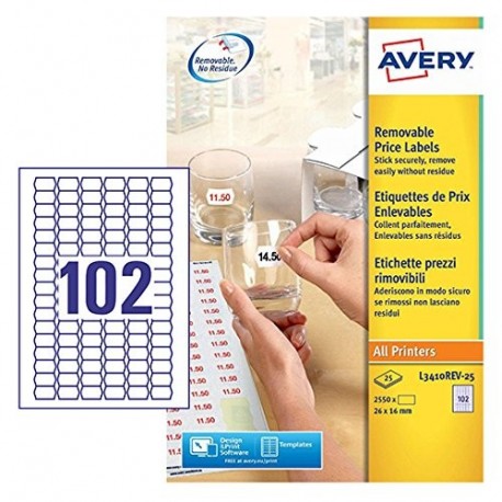 Avery L3410REV-25 - Pack de 25 folios de etiquetas de precio despegables