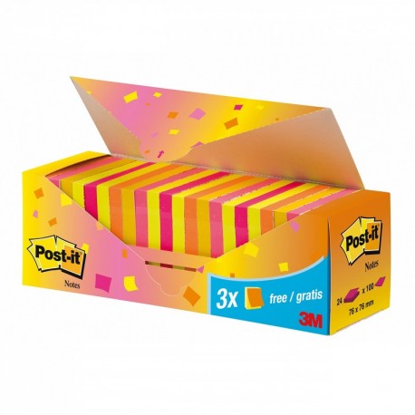 Post-it Pack-caja 24 Blocs Notas 654 Neón. Colores surtidos: rosa, rosa intenso, amarillo, amarillo intenso y naranja. 100 ho