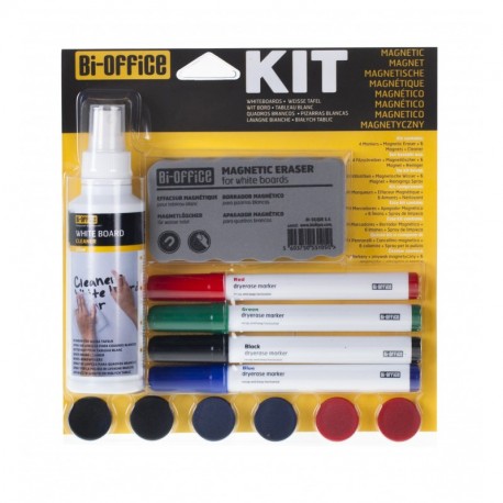 Bi-Office - Kit de Limpieza para Pizarras Blanca con 4 Rotuladores, Spray Limpiador, 6 imanes y Borrador Magnético