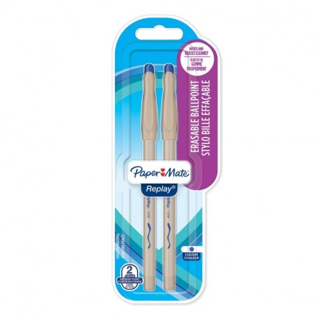 Paper Mate Replay bolígrafo borrable, punta media de 1,0 mm, azul, paquete de 2