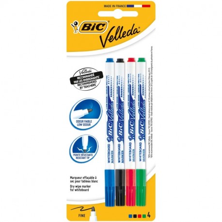 BIC Velleda - Estuche de 4 marcadores de pizarra blanca fino, color negro, azul, roja y verde