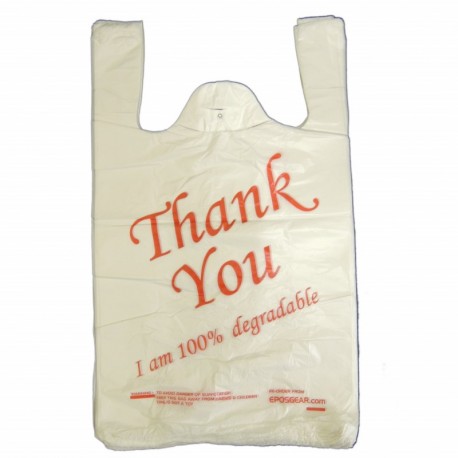 EPOSGEAR® - Bolsas ecológicas grandes de color blanco y rojo con texto en inglés «Thank You» 100% degradables, 100 unidades