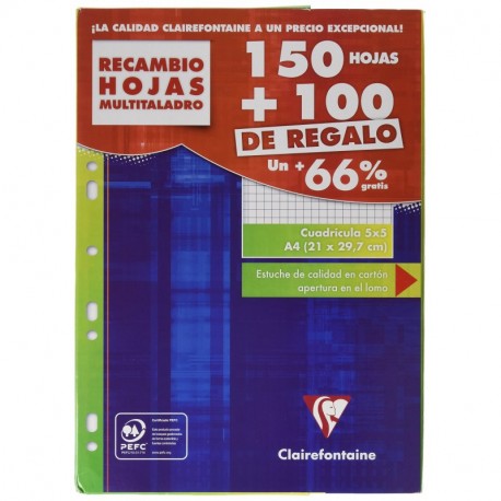 Clairefontaine 11792c - Paquete de folios para carpeta de anillas 500 paginas/250 Hojas, cuadrícula pequeña 