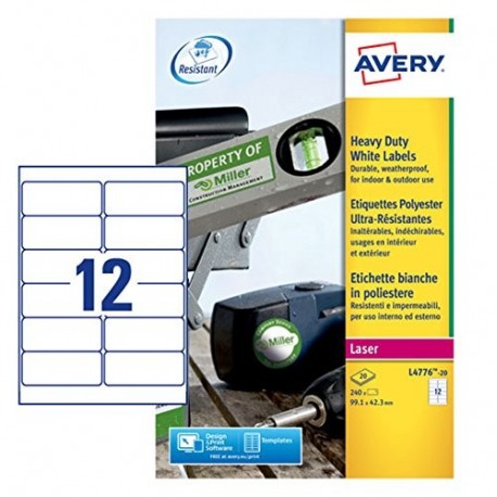 Avery Dennison L4776 - Etiquetas de alta resistencia para impresoras láser 20 hojas 