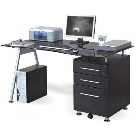 hjh OFFICE 673945 NERO - Mesa de Ordenador negro / en cristal negro templado / plateado con cajonera