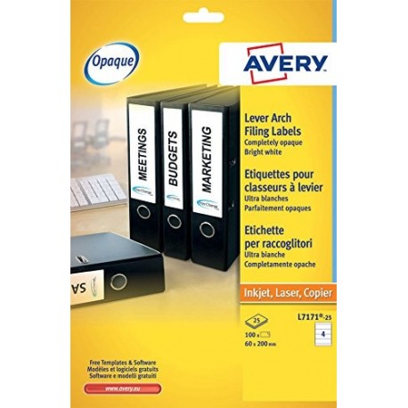Avery España L7171-25. Caja de 100 etiquetas blancas cubrientes para carpetas A4
