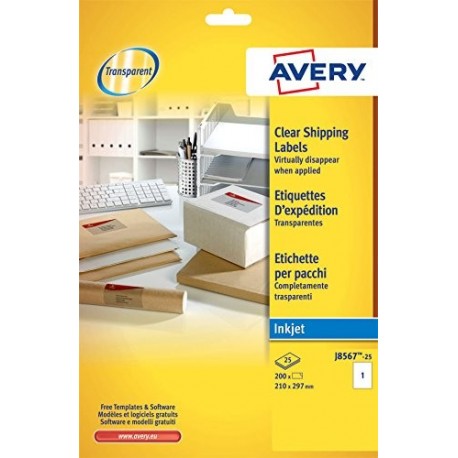 Avery España J8567-25 - Pack de 25 folios de etiquetas transparentes, 210 x 297 mm, transparente