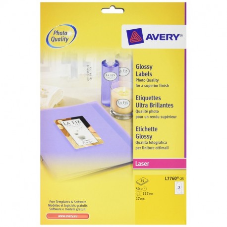 Avery España L7760-25 - Pack de 25 etiquetas brillantes para CD, 2 etiquetas por folio, diámetro 117 mm, color blanco