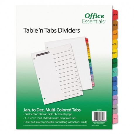 Office Essentials Table N Tabs Dividers, 12-Tab, Months, Letter, Assorted, Set