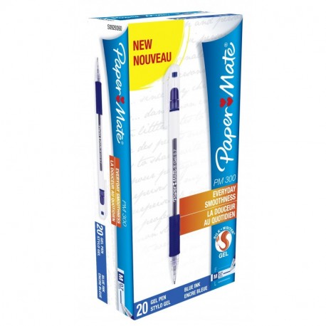 Paper Mate Gel 300 S0929360 - Bolígrafo roller de gel 0.7 mm, línea de 0.5 mm, 20 unidades , color azul