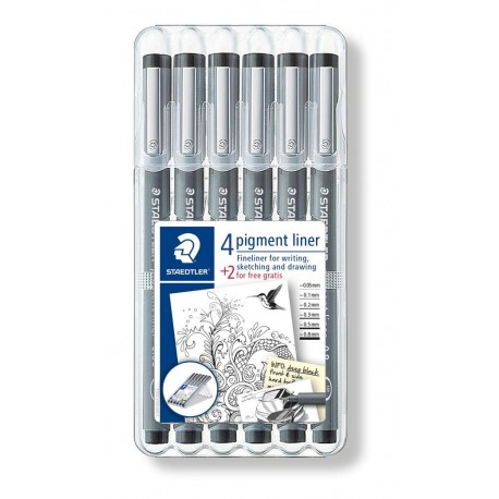 Staedtler 308 SB6P - Rotuladores Fineliner Pigment Liner, estuche con 4 + 2 unidades