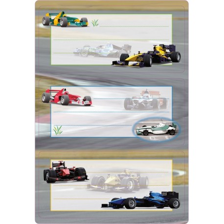 HERMA 5577 Nombre de cuaderno etiquetas para la Escuela, diseño coches de carreras, formato 7,6 x 3,5 cm, purpurina, contenid