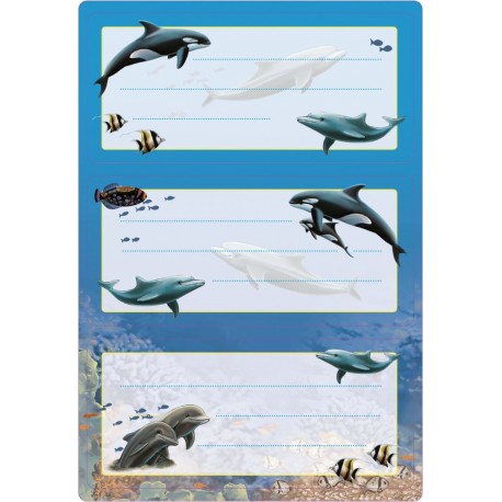 HERMA 5579 Nombre de cuaderno etiquetas para la Escuela, diseño de delfines, formato 7,6 x 3,5 cm, purpurina, contenido por p