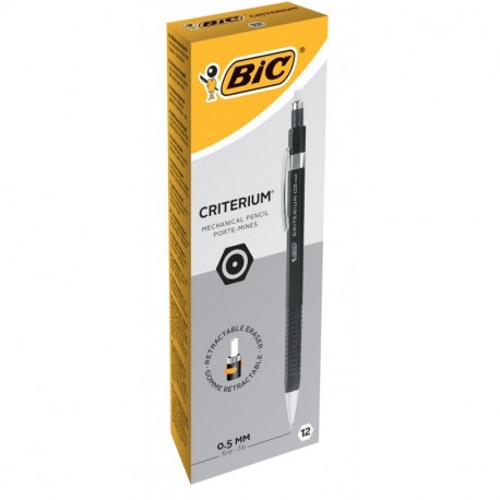BiC Criterium - Portaminas retráctiles 0,5 mm, HB, 3 minas incluidas, 12 unidades , color negro