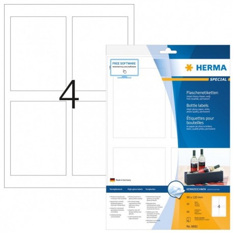 Herma 8882 - Paquete de 40 etiquetas adhesivas rectangulares 90 x 120 mm, especiales para botellas , color blanco brillante