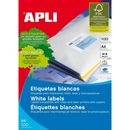 APLI 2415 - Etiquetas blancas imprimibles 63,5 x 46,6 , adhesivo permanente 100 hojas